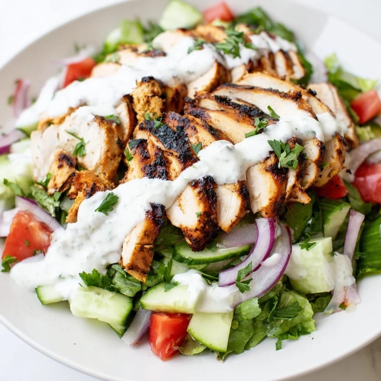 Bright Mediterranean-inspired ingredients like red onion and parsley make this colorful Chicken Shawarma Salad look fresh and ready to serve.