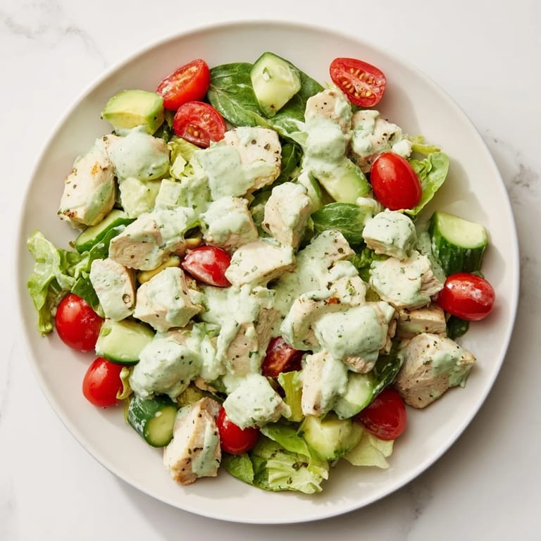 Warm chicken salad served with avocado ranch dressing, red onions, celery, and ripe cherry tomatoes on a bed of greens.  