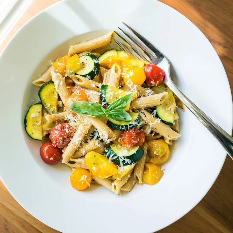 A serving of Garden Veggie Pasta garnished with fresh basil and lemon zest, ready to enjoy al fresco.