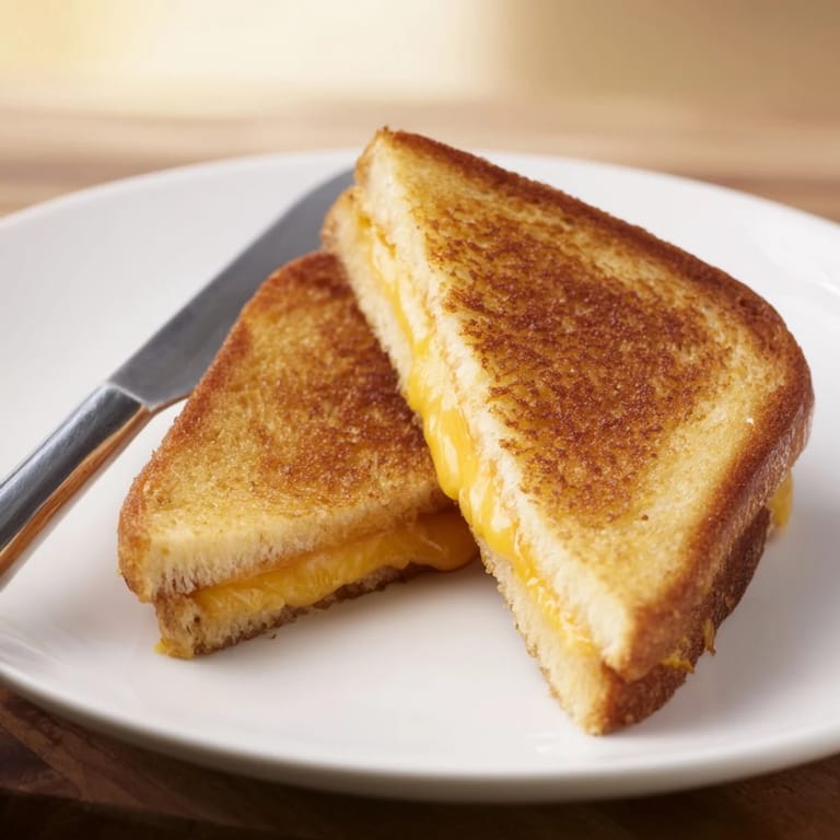 Crispy sourdough slices hold a gooey Three-Cheese Grilled Cheese filling, sprinkled with black pepper and buttered on the outside.  