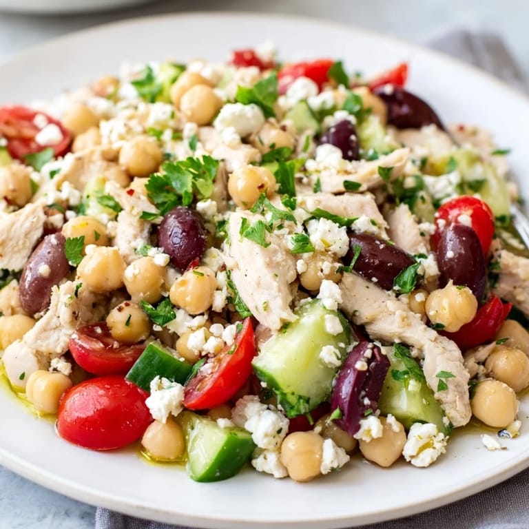 A vibrant bowl of Mediterranean Chickpea Chicken Salad with creamy feta, chickpeas, and a drizzle of olive oil for lunch.