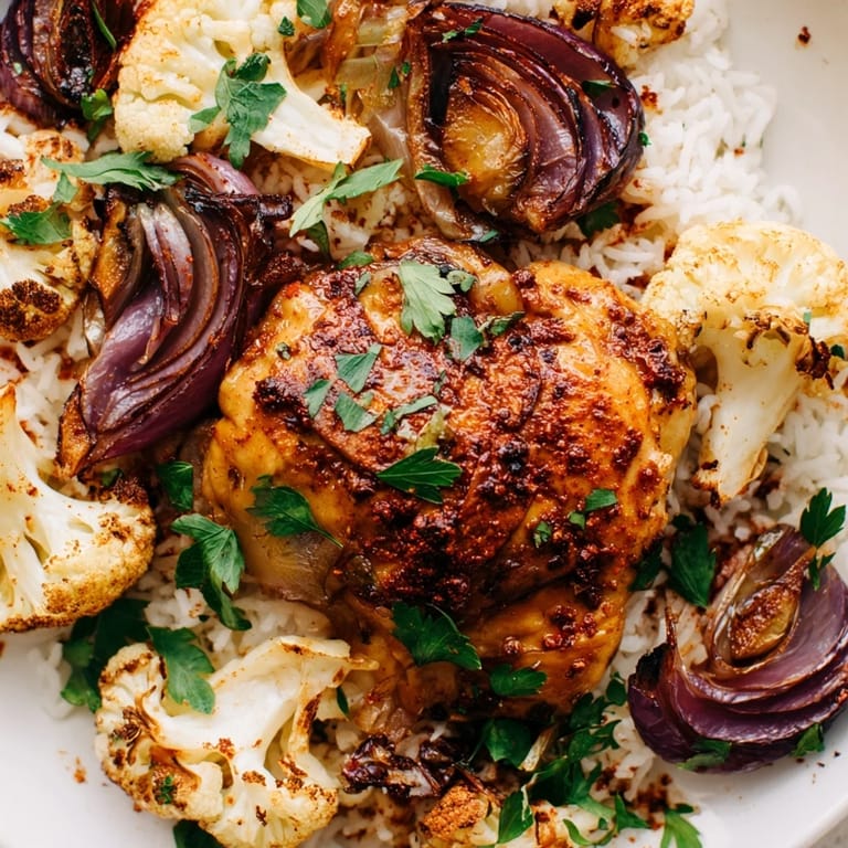 A close-up of the Roasted Cauliflower Chicken Sheet Pan with vibrant red onion and fresh cilantro garnish.
