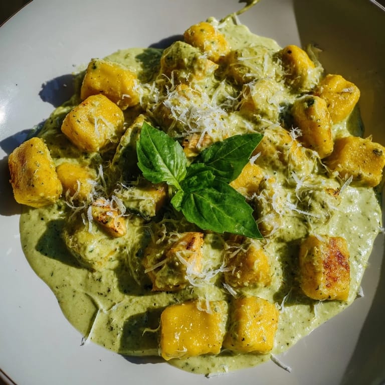 A close-up of tender gnocchi and juicy chicken in rich pesto cream, served hot as a comforting main.