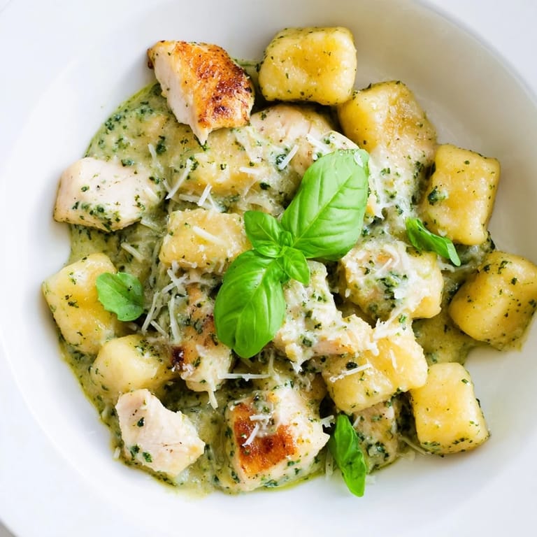 Golden chicken and pan-crisped gnocchi tossed in creamy pesto sauce, ready to serve with Parmesan garnish.