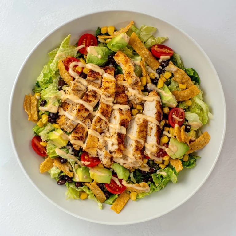 Bright green romaine and red cherry tomatoes make this Crunchy Taco Chicken Salad a colorful, Tex-Mex inspired meal.