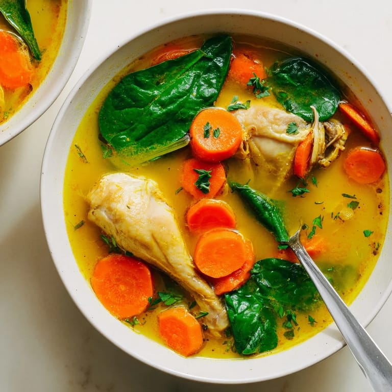 Steam rises from a ladle of Turmeric Chicken Soup, revealing tender chicken, carrots, and wilted spinach in a golden broth. 