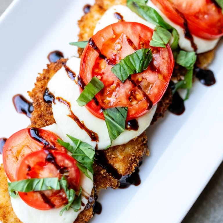 Caprese Chicken Skillet plated alongside a simple green salad, featuring tender chicken, vibrant tomatoes, and a glossy balsamic drizzle perfect for a low-carb weeknight meal.