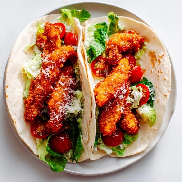 Golden-brown hot honey chicken wraps sliced diagonally, revealing layers of romaine lettuce, Parmesan, and croutons inside.