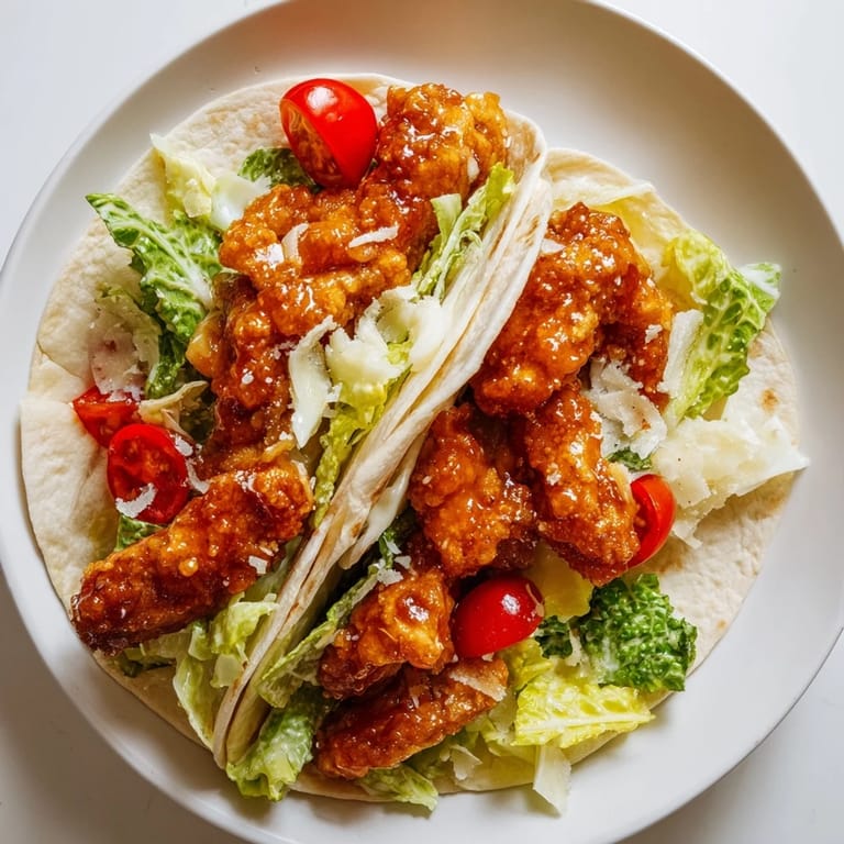An appetizing handheld Hot Honey Chicken Caesar Wrap with vibrant greens and drizzled spicy honey sauce on a wooden board.