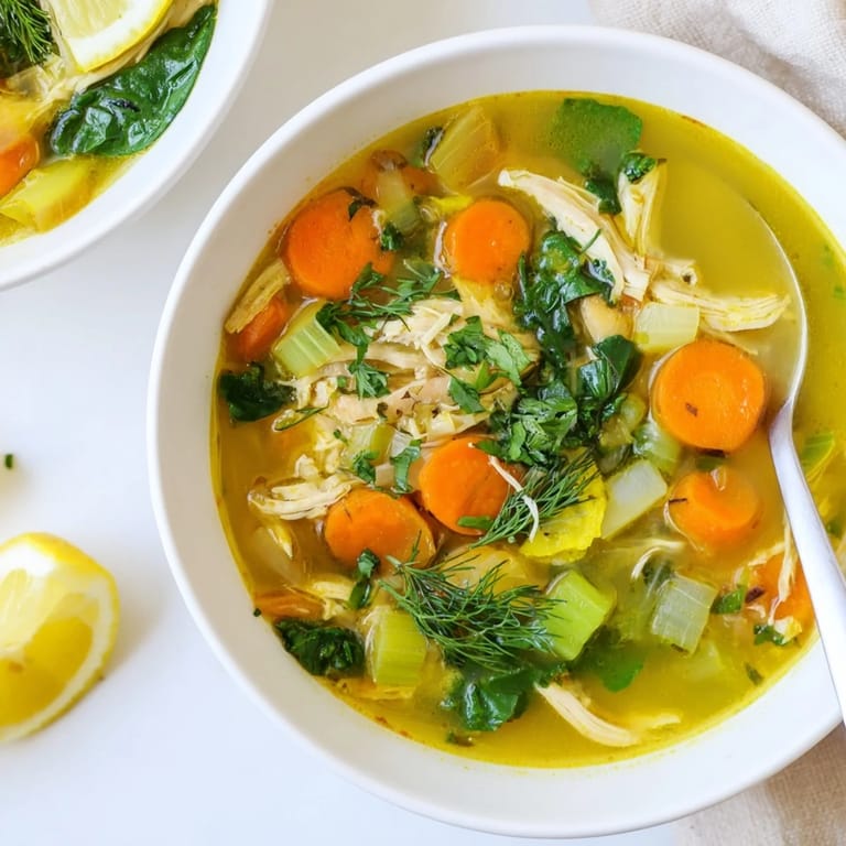 Close-up view of High Protein Lemon and Turmeric Chicken Soup highlighting chunky vegetables and succulent chicken pieces in a golden turmeric broth.