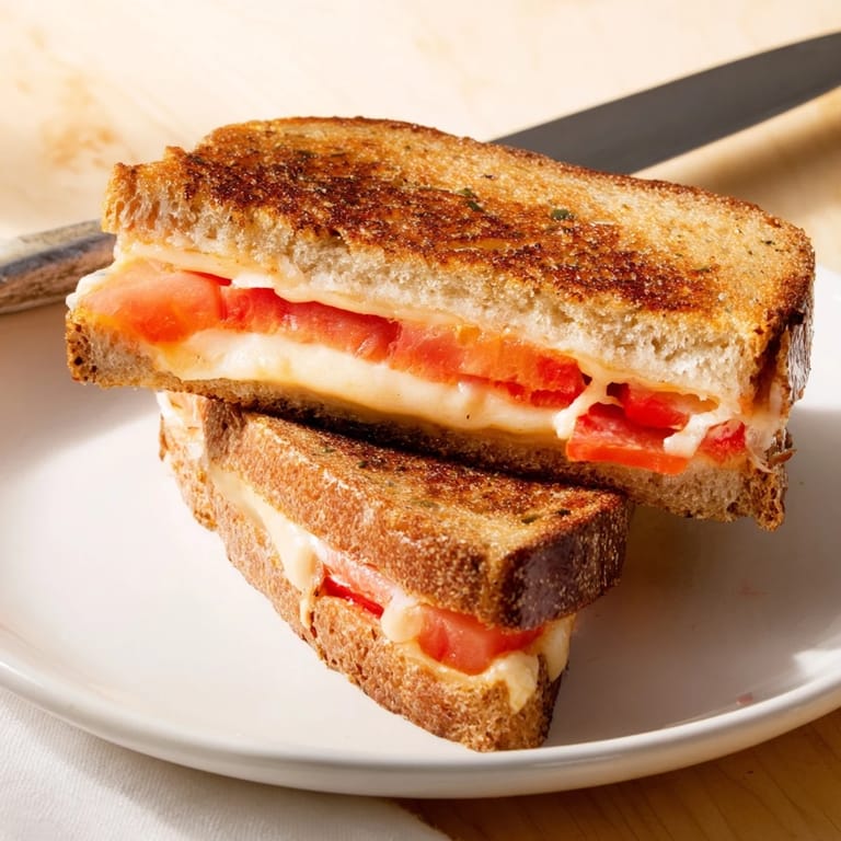 Melted pepper jack cheese and ripe tomato slices in a spicy grilled cheese sandwich on jalapeño bread.