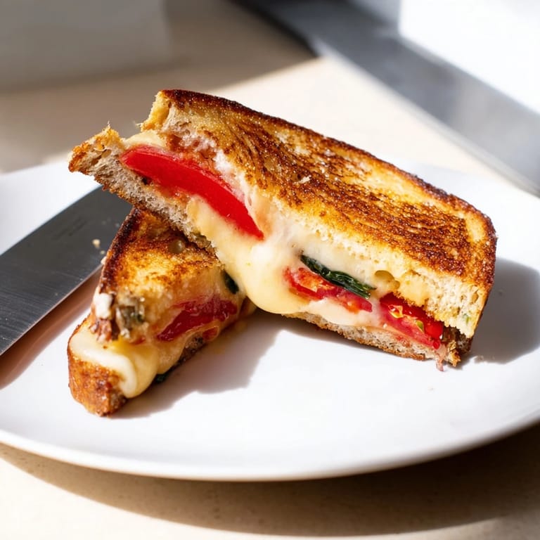 Two halves of a pepper jack and tomato grilled cheese, perfectly golden and paired with a creamy bowl of tomato soup.