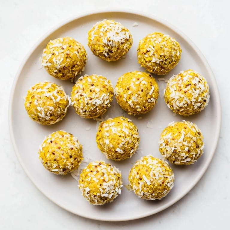 A close-up view of vibrant orange Ginger Turmeric Energy Balls with visible specks of ginger and turmeric on a white marble counter.