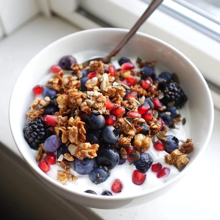 Homemade spiced crunch topping adds warm ginger and nutmeg notes to a bowl of probiotic yogurt and winter berries.