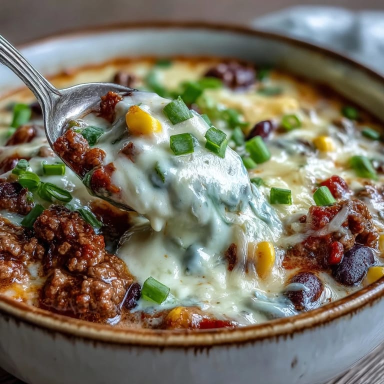 A close-up of creamy taco soup with ground beef, beans, corn, and vibrant red bell pepper in a rich broth.