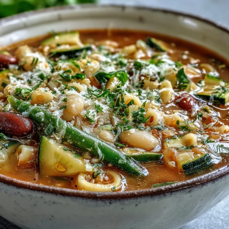 Steaming bowl of classic vegetarian minestrone soup garnished with fresh parsley and Parmesan, served alongside crusty Italian bread for dipping.