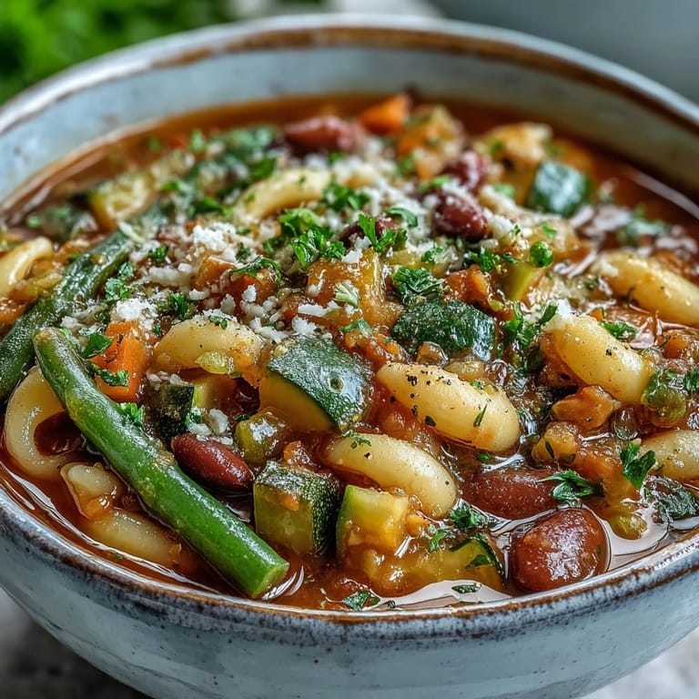 Freshly prepared minestrone soup featuring ditalini pasta, kidney beans, and wilted spinach in a seasoned vegetable broth, ready to serve.
