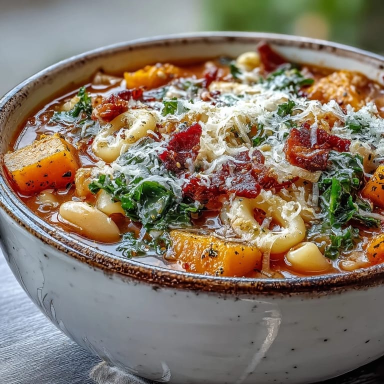 Ladle of hearty Fall Minestrone served with crusty bread on a wooden table.