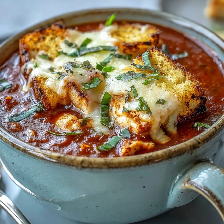 Gooey mozzarella and Parmesan cheese melting into a hearty bowl of Grilled Chicken Parmesan Soup, served with basil.