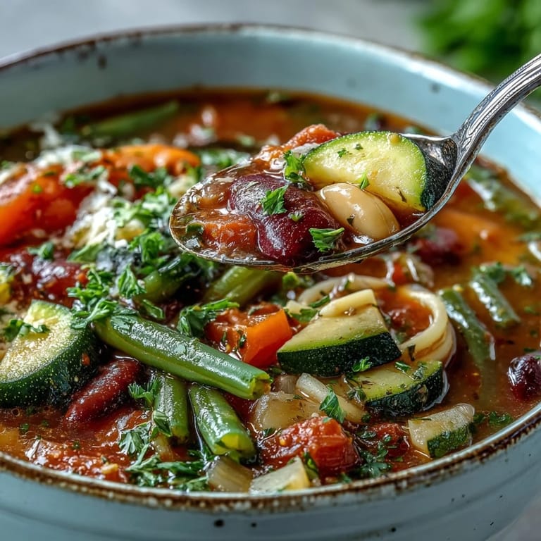 Homemade Minestrone Soup simmering in a pot, rich with tomatoes, herbs, and hearty Italian vegetables.  