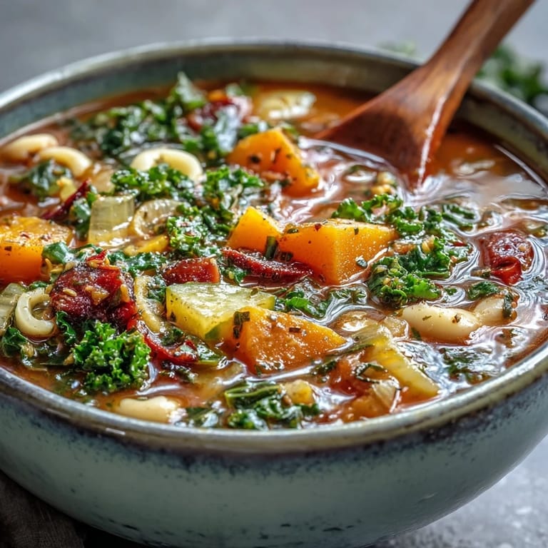 Hearty Winter Minestrone Soup ladled into rustic bowls, garnished with parsley and served alongside crusty artisan bread for dipping.