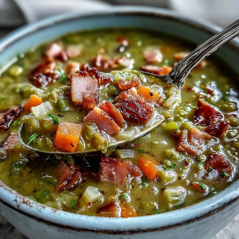 Rich, golden Split Pea and Ham Soup ladled into a rustic bowl, perfect for a cozy winter dinner.