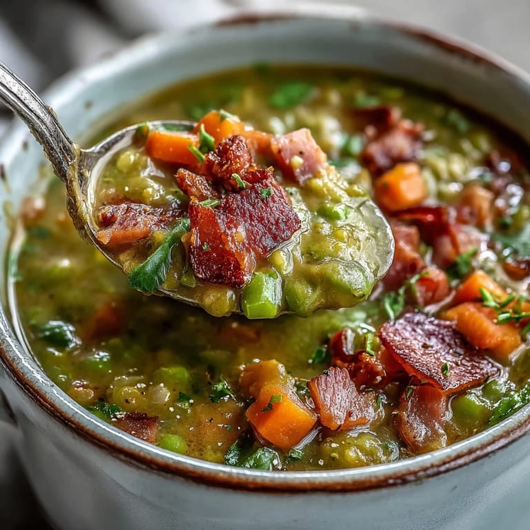 Creamy Split Pea and Ham Soup simmering in a Dutch oven, showcasing tender peas and savory chunks of leftover ham.