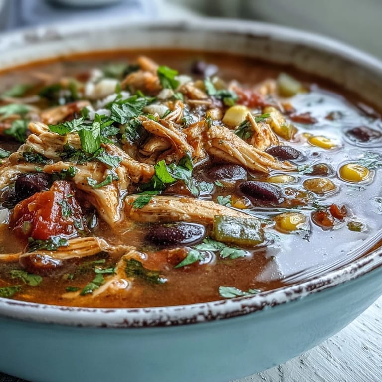 Spicy Southwestern Turkey Soup simmering in a pot, filled with red bell peppers, green chiles, and aromatic cumin spices.  