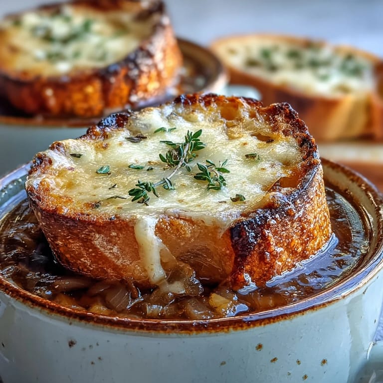 Golden-brown caramelized onions in Dutch Oven French Onion Soup topped with bubbly cheese and toasted bread.