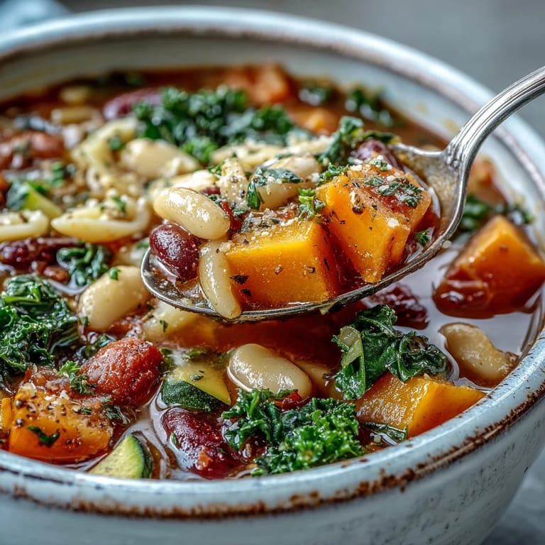 Hearty Italian Winter Minestrone Soup with Butternut Squash and Kale in a rustic bowl, ready to enjoy on a cold day.