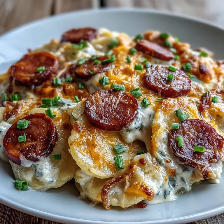 Comforting Crockpot Pierogi Casserole With Kielbasa garnished with parsley and a dollop of tangy sour cream.