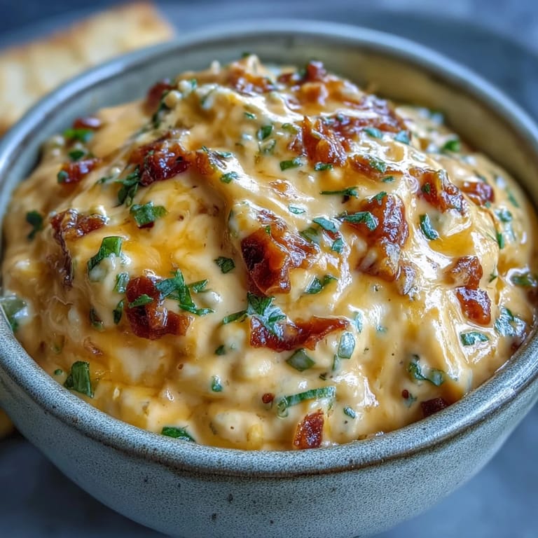 Spicy Queso Dip in a stoneware bowl, topped with fresh cilantro and diced tomatoes, with golden tortilla chips ready for scooping on a wooden table.