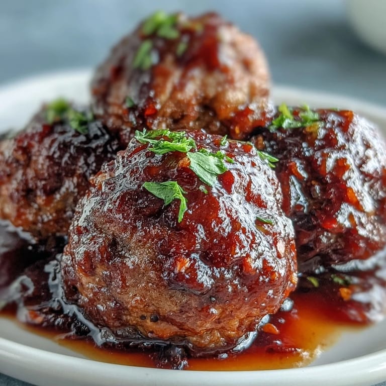 A close-up of tender Easy Sweet and Sour Crock Pot Meatballs coated in sticky apricot glaze, garnished with sesame seeds and fresh green onions.