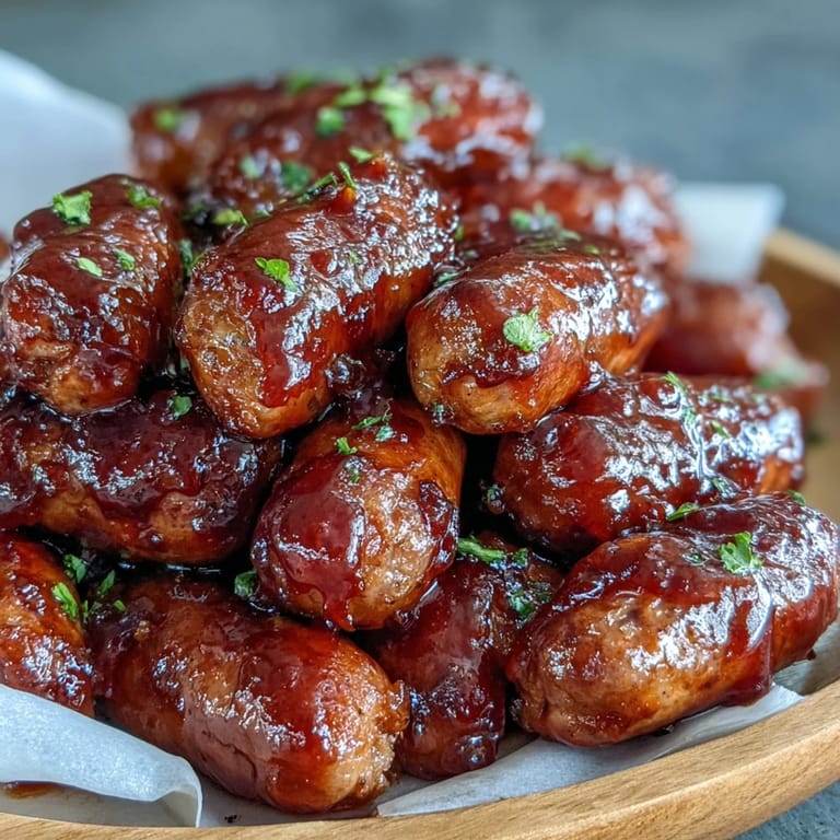 Sweet and tangy Crock Pot BBQ Cocktail Sausages garnished with fresh parsley, ready to serve at a party buffet.