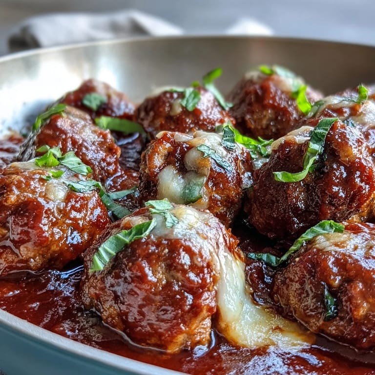 Tender Cheesy, Garlicky Meatballs With Marinara served over spaghetti, melted cheese stretching as a fork lifts one for a family-style meal.