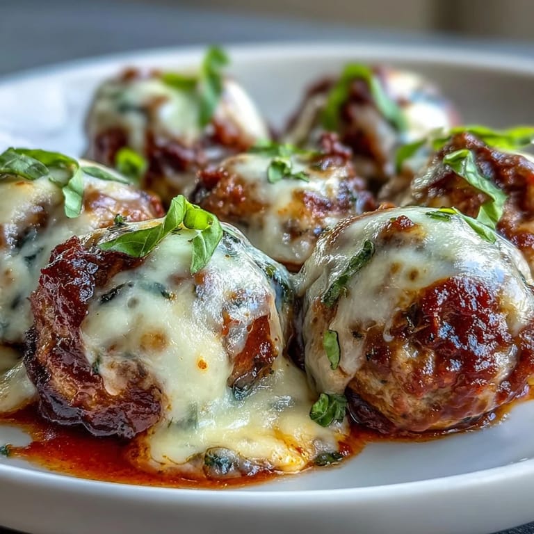 Freshly baked Cheesy, Garlicky Meatballs With Marinara on a platter, rich red sauce and parsley garnish ready for a comforting weeknight dinner.