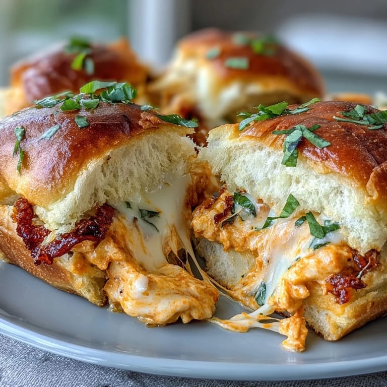 Buffalo chicken and ranch Pizza Dip Sliders on a platter, ready for a game day party, with melty cheddar and herbs.