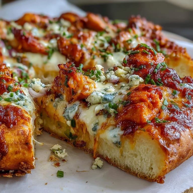 Homemade Buffalo Chicken Pizza with shredded chicken, blue cheese crumbles, and chopped green onions on a bubbly crust.