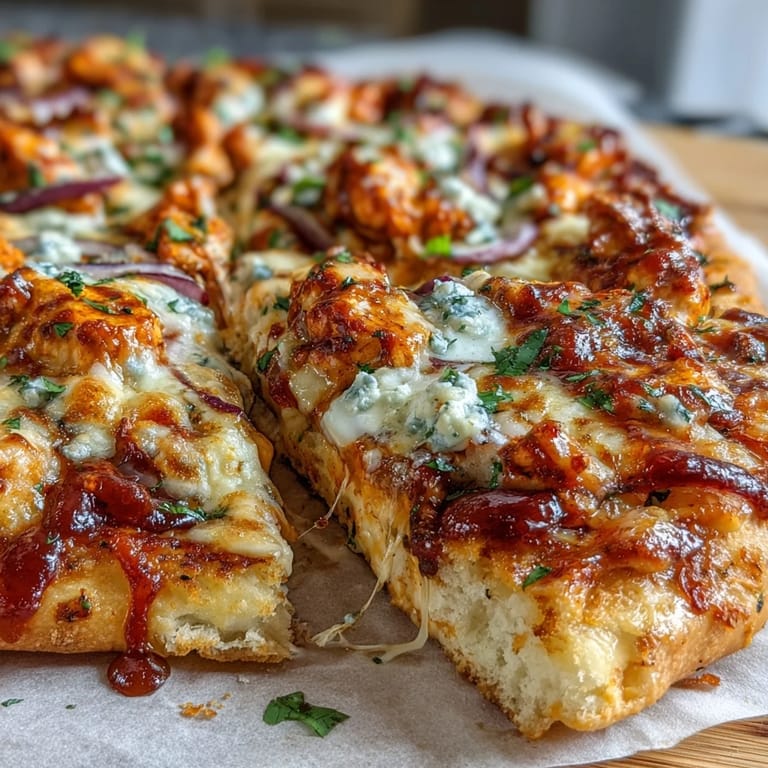 Golden-crust Buffalo Chicken Pizza served with celery sticks and ranch dressing, offering a spicy and creamy bite. 