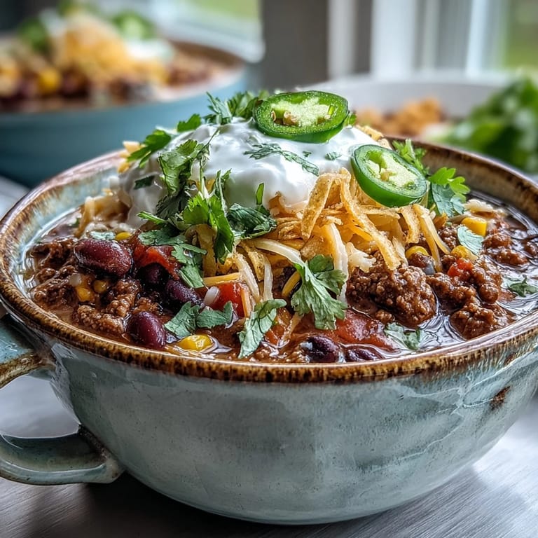 Close-up of Taco Soup in a rustic bowl, loaded with seasoned beef, beans, corn, and a lime wedge.