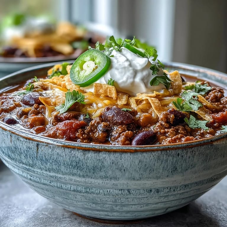 Family-style pot of Taco Soup on a wooden table, ready for game day with crushed tortilla chips.