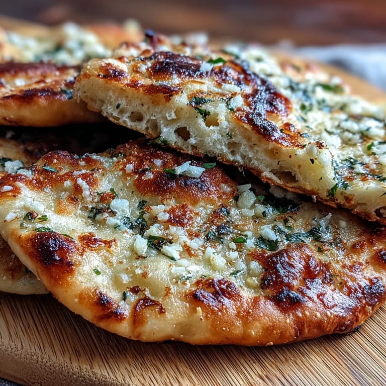 The Best Easy Garlic Naan Bread stacked high, ready to be served alongside a flavorful bowl of chicken curry for dinner.