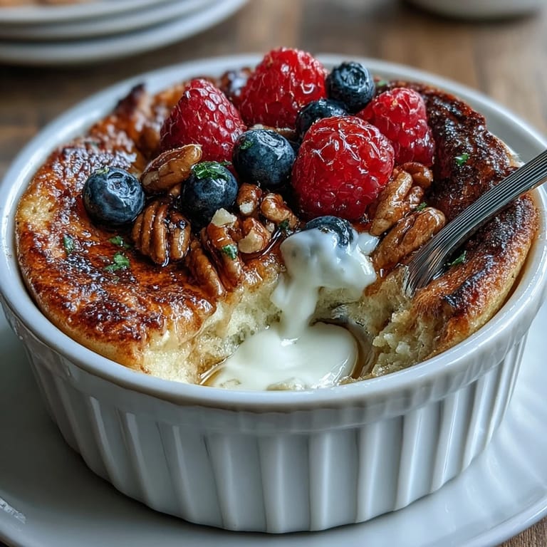 A single-serve Baked Protein Pancake Bowl with chocolate chips and peanut butter for a delicious high-protein breakfast.