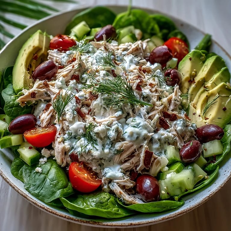 Close-up of Tzatziki Chicken Salad featuring juicy rotisserie chicken tossed in garlicky tzatziki with red onion and cherry tomatoes.