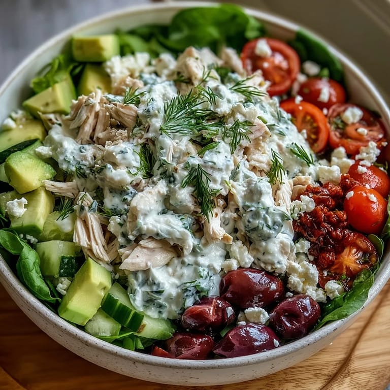 Easy Mediterranean Tzatziki Chicken Salad in a white bowl, garnished with feta, Kalamata olives, and avocado for a light lunch.