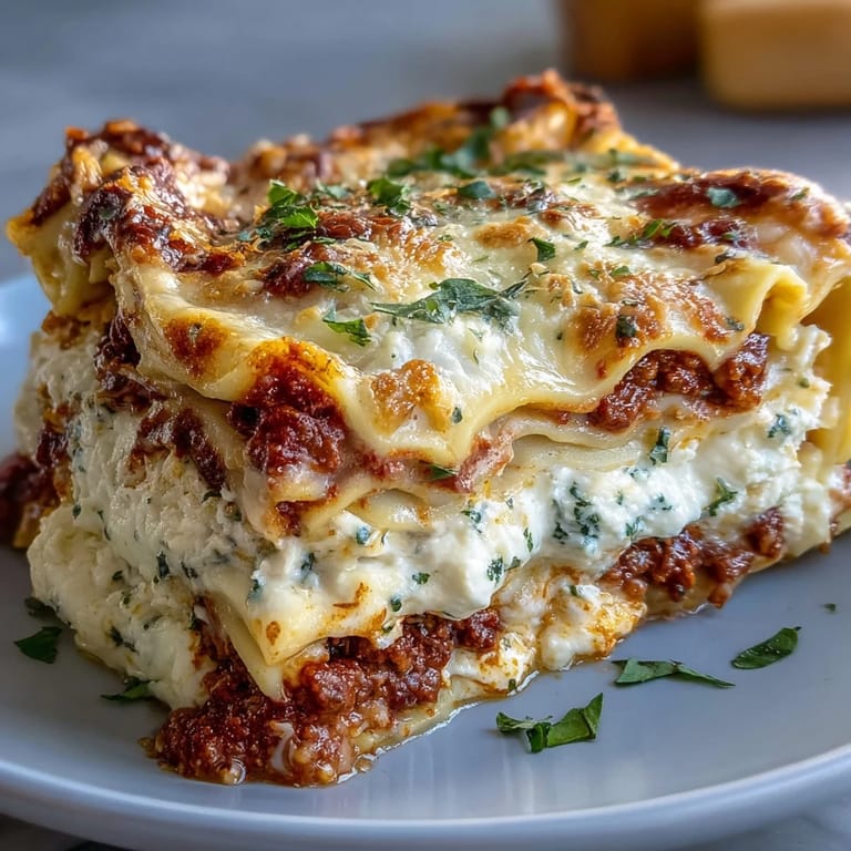 Fork-ready slices of World's Best Lasagna plated next to a green salad and garlic bread.