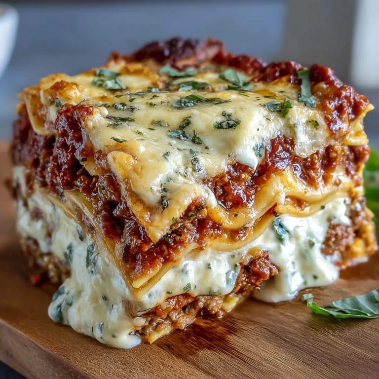 Steam rises from freshly cut World's Best Lasagna revealing distinct layers of pasta, meat, and cheese.