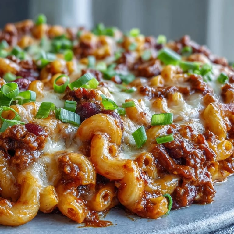 A spoon lifting a cheesy scoop of One-Pan High Protein Chili Mac, revealing smoky beef and pasta, topped with cilantro.