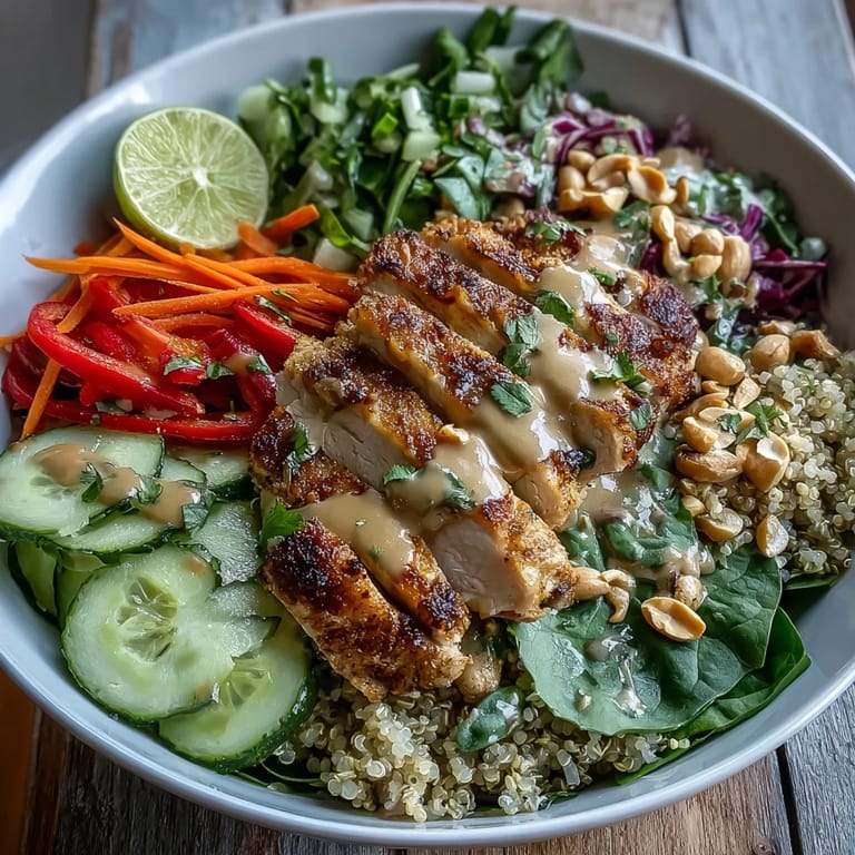 Freshly assembled Peanut Chicken Power Bowl garnished with chopped peanuts, cilantro, and lime wedges.