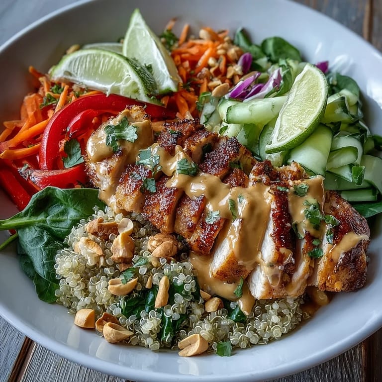 Hearty peanut chicken bowl with brown rice, colorful vegetables, and drizzled peanut sauce for a healthy meal.